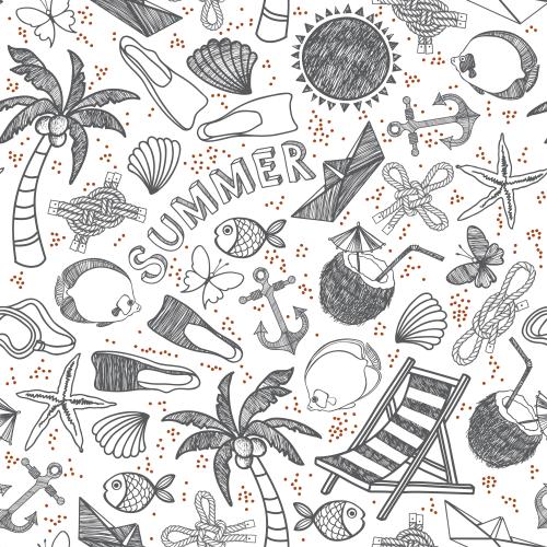 Sommer. Vektor symbole sommerlicher Erholung am Meer im Doodle-Stil auf weißem
