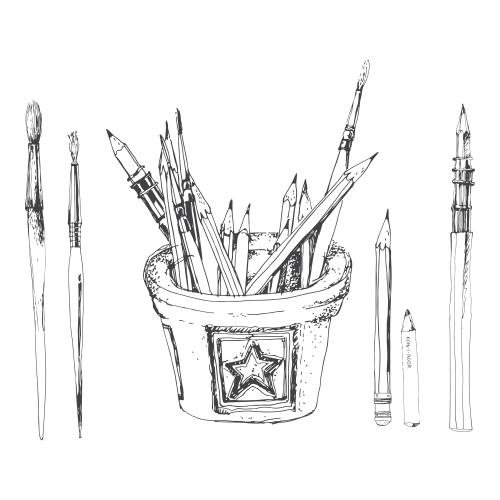 Bleistift. Vektor Krayons, Bürsten, Kasten mit Kunstbedarf auf weißem, Sketch