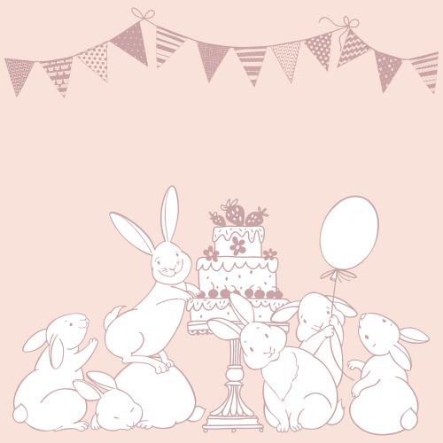 Geburtstag. Vektor Hübsche Kaninchen mit Luftballon, Kuchen, Girlande und ein Textplatz in zartrosa