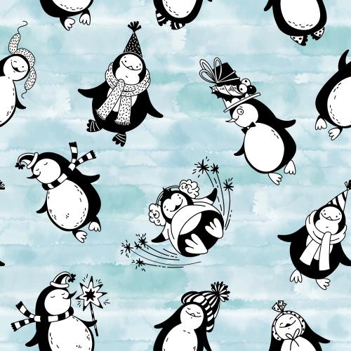 Pinguin. Vektor cartoonartige Pinguine auf blauem Akvarell