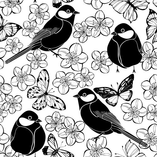 Kirschblüte. Vektor Vögel Schmetterlinge Sakura-Blumen auf weissem