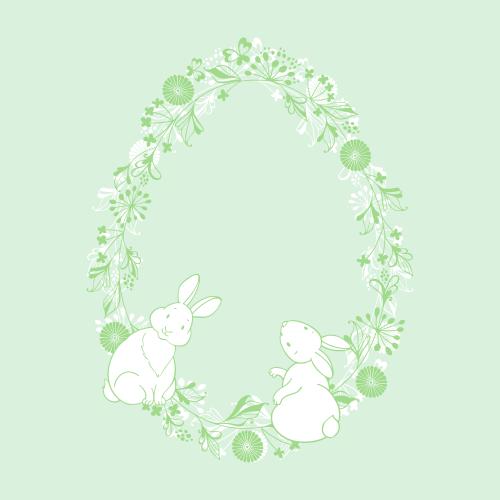 Vektorgrafik kranz aus fantasievollen blumen und pflanzen in form eines eies und zwei niedliche hasen