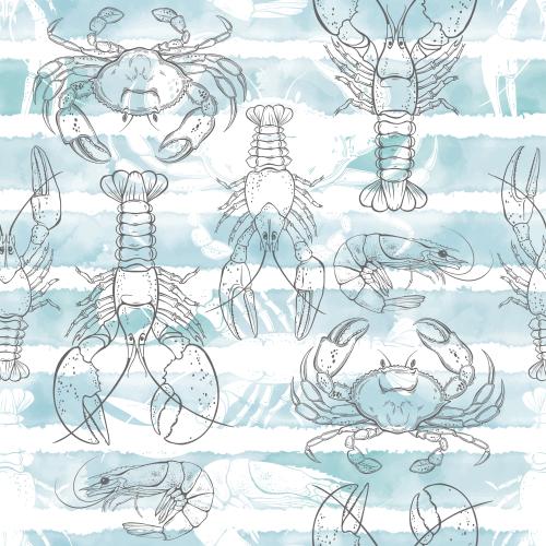 Garnele. Vektor Krabben, Lobster, Krebse, Garnelen, Silhouetten und Konturen auf Aquarell