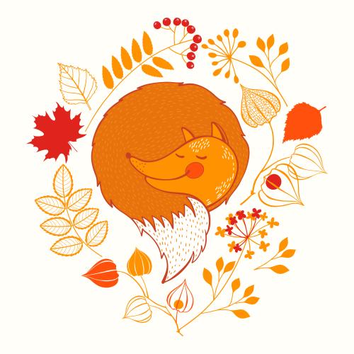 Wald. Vektor cartoonartige schlafende Füchschen, Herbstblumen und Blätter auf weißem