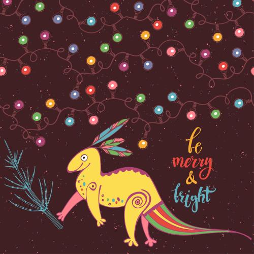 Geburtstag. Vektor Cartoon-Dinosaurier, Girlanden, Schriftzug Be merry and bright auf farbigem