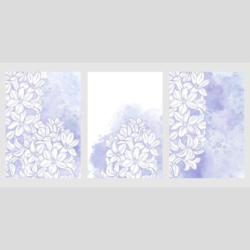 Postkarte. Vektor drei Postkarten mit Hyazinthen, lila Aquarellfragmente auf weißem