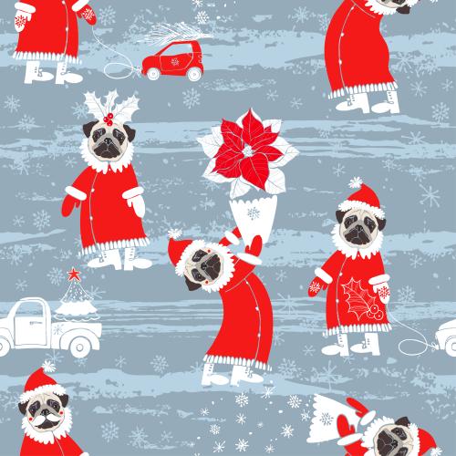 Weihnachtsstern. Vektor süße mops in kostümen des weihnachtsmanns auf texturiertem grau-blauem