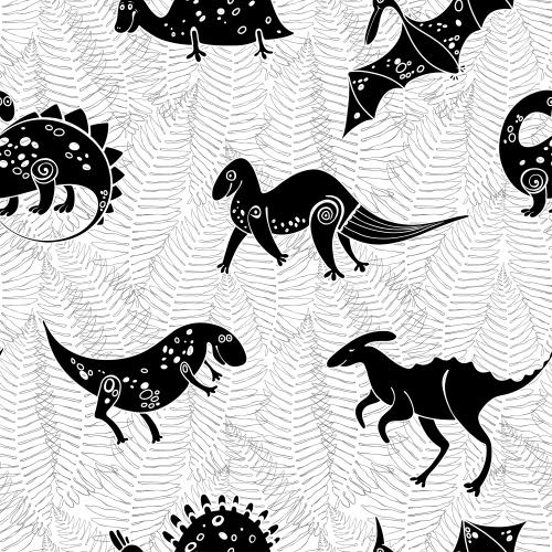 Farn. Vektor cartoonartige dinosaurier und farnblätter, schwarze konturen und silhouetten auf weißem