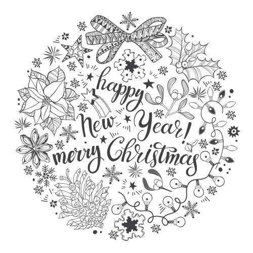 Sternanis. Vektor winterfesttagsymbole in Kreisform, Schriftzug Happy New Year, Merry Christmas auf weißem Hintergrund