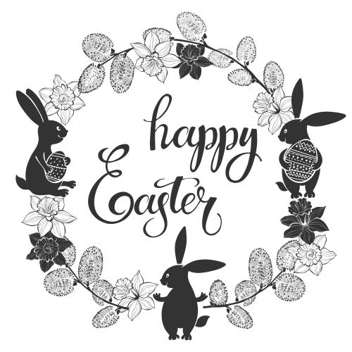 Ei. Vektor herrliche Kaninchen mit Oster-Eiern, Kranz aus Weide und Narzissen, Schriftzug "Happy Easter" auf weißem