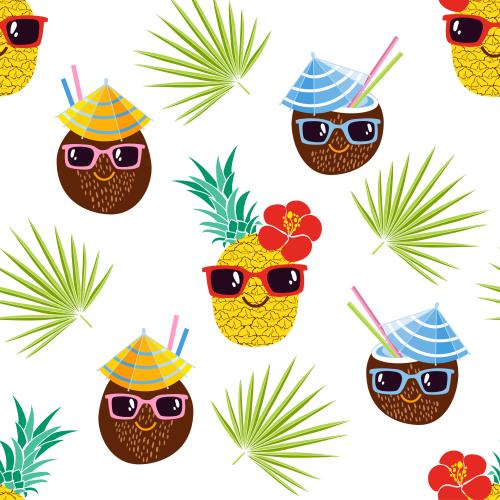 Ananas. Vektor märchenhafte Kokoscocktails und Ananas in Sonnenbrillen, Palmenblätter auf weißem