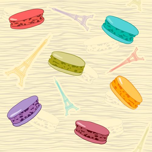 Macaron. Vektor farbenfrohe Macarons und Eiffelturmbastionen auf welligem