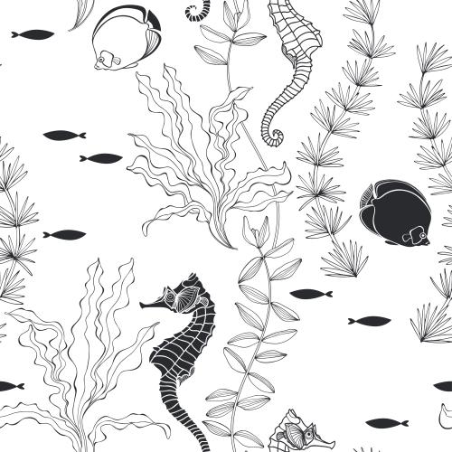Vektorgrafik seepferdchen, tropische fische und algen auf weißem