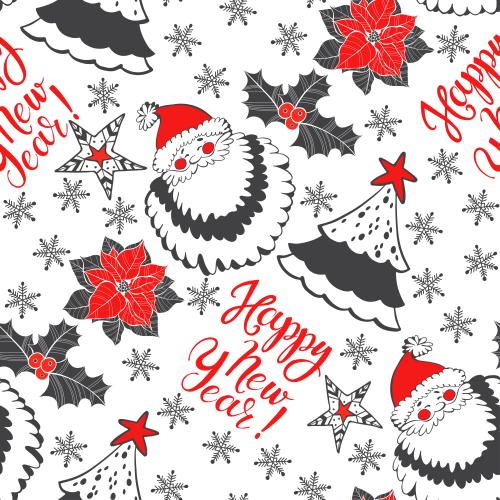 Weihnachtsstern. Vektor Weihnachtsmann, Bäume, Poinsettia, Echinacea, Schneeflocken, Sterne, Schriftzug Happy New Year auf weißem