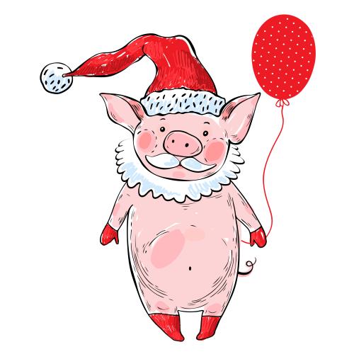 Luftballon. Vektor Cartoon-Schwein im Weihnachtskostüm mit einem Luftballon auf weißem