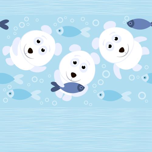 Vektorgrafik weiße bären mit fischen, wellen auf blau in zeichentrick-stil