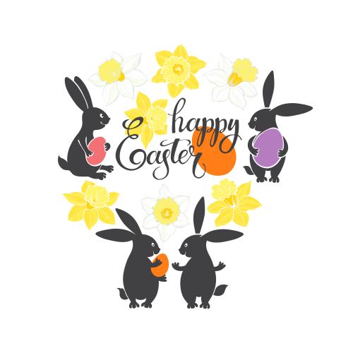 Vektorgrafik hübsche hasen mit bunt bemalten ostereiern, narzissen, schriftzug frohe ostern auf weißem