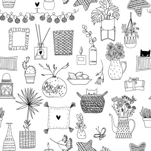 Laterne. Vektor Zimmerpflanzen, Lichterkette, Lampe, Katze, Kissen und andere Symbole der häuslichen Gemütlichkeit auf weißem