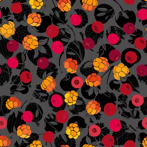 Vektorgrafik beeren: brombeere, heidelbeere, himbeere, kirsche, johannisbeere, stachelbeere, farbige und monochrome silhouetten auf grau