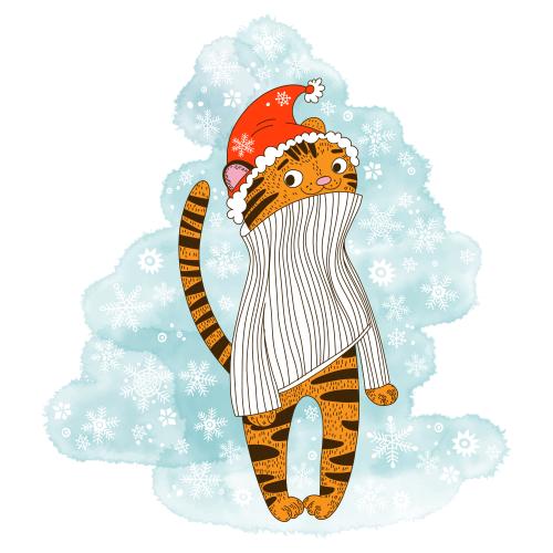 Tiger. Vektor maltäschiger tigerjunge in weihnachtsmütze und pullover, schneeflocken auf blauem aquarellfragment