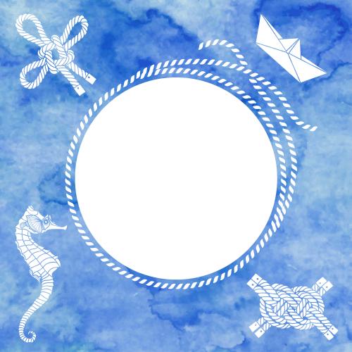Schiffchen. Vektor runde Rahmen aus Seil mit einem Seepferdchen, einem Papierboot, Seemannsknoten und einem Textfeld auf blauer Aquarellfarbe