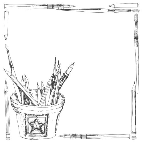 Bleistift. Vektor Krayons, Bürsten, Kästchen mit Kunstbedarf, Platz für Text auf weiß, Sketch