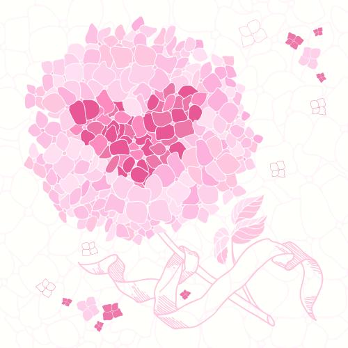 Valentinstagskarten. Vektor Hydrangeenblüte mit Band und stylisiertem Herz im Inneren