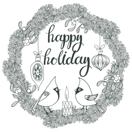 Kiefer. Vektor Kranz aus Nadelzweigen mit cartoon-artigen Kardinalvögeln, Mistel, Weihnachtsschmuck und der Aufschrift Happy Holiday auf weißem