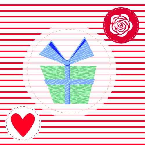 Valentinstagskarten. Vektor Geschenk, Rosa und Herz auf roten Streifen