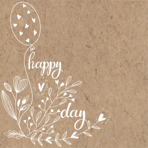 Vektorgrafik komposition mit luftballon, blumen, schriftzug 'happy day', textfeld auf kraftpapier
