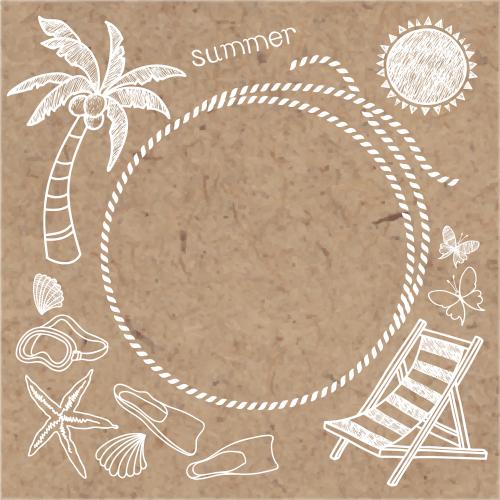 Strand. Vektor runde rahmen aus meeresseil, sonne, palme, liegestuhl und andere elemente zu dem thema urlaub auf kraft