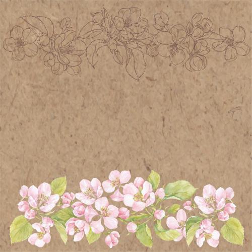 Apfelbaum. Vektor aquarellblumen und Apfelblaetter, Konturen, Platz fuer Text auf Kraftpapier