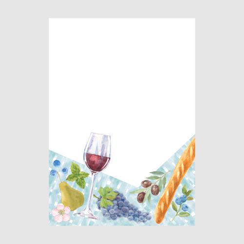 Gläser. Vektor Aquarellweinglas, Baguette, Traube, Heidelbeerenzweig, Birne, Oliven auf kariertem Tischtuch, Textplatz auf weißem