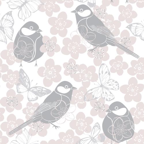 Kirschblüte. Vektor Vögel, Schmetterlinge, Sakura-Blumen, Pastell-Töne auf Weiß