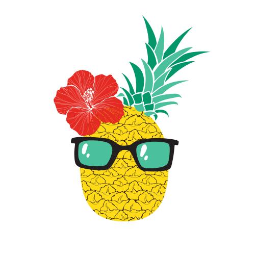 Ananas. Vektor cartoonartige Ananas mit Hibiskusblüte und in Sonnenbrille