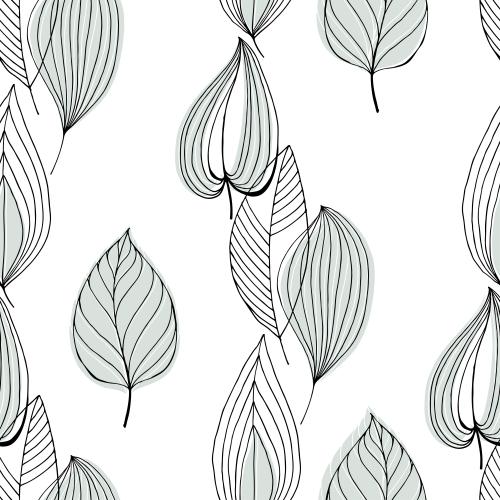 Vektorgrafik dekorative blätter, schwarze konturen und farbige silhouetten auf weißem, scandi-stil