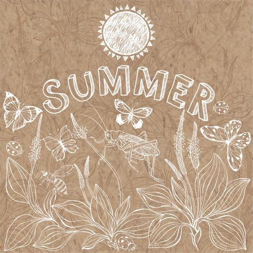 Biene. Vektor Gleisknopf, Schmetterlinge, Grashüpfer, Marienkäfer, Biene, Sonne, Schriftzug summer auf Karte