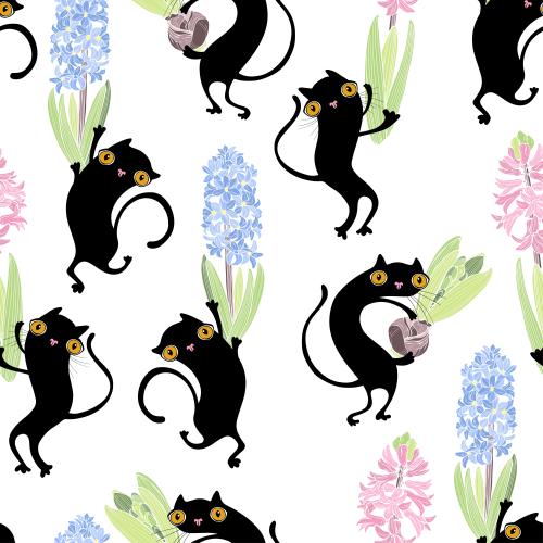 Hyazinthe. Vektor Süße cartoonartige schwarze Katzen mit Gyacinthen auf weißem