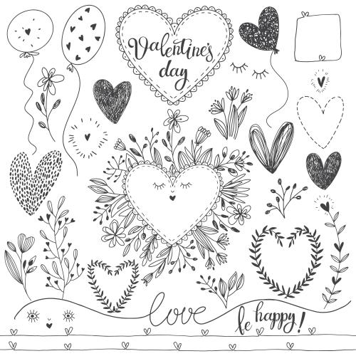 Vektorgrafik herzchen, blumen, romantische symbole auf weißem