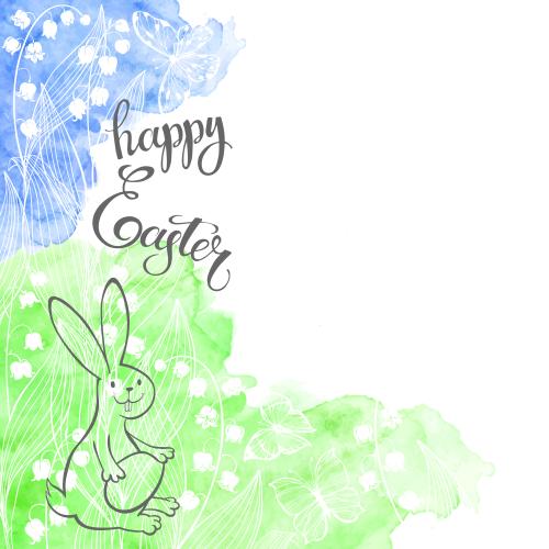 Hase. Vektor Hübscher Hase mit Oster-Ei, Lilien, Schmetterlinge, Aquarell-Fragmente, Inschrift Frohe Ostern, Platz für Text auf weißem