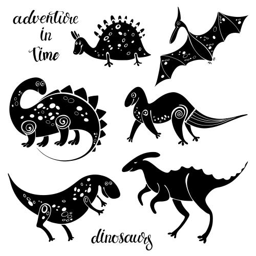Dinosaurier. Vektor cartoonartige dinosaurier, schwarze silhouetten auf weissem