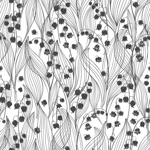 Vektorgrafik lilien, schwarze silhouetten von blumen, konturierte blätter auf weißem