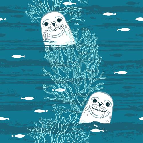 Robbe. Vektor Hübsche Seehunde, Fische, Unterwasserpflanzen, Wellen auf blauem