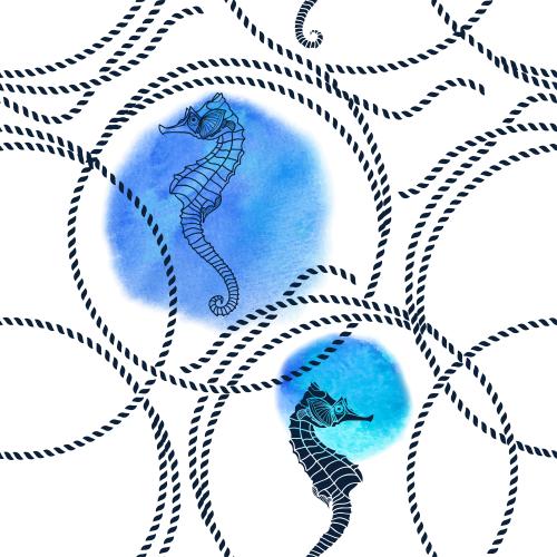 Seil. Vektor Meereseilekreise, Meerseepferdchen, runde Aquarellfragmente auf weiß