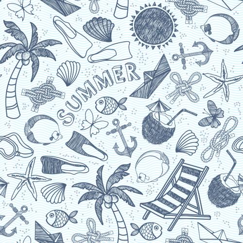Vektorgrafik symbole sommerlicher erholung am meer im doodle-stil, blaue wellen auf weißem