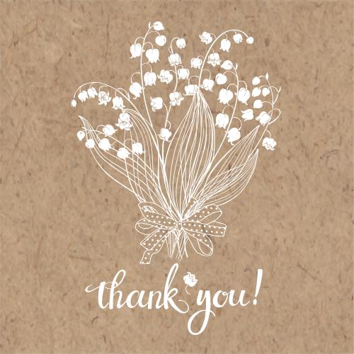 Schleife. Vektor Bouquet der Lilien und Schriftzug Thank You auf Kraftkarton
