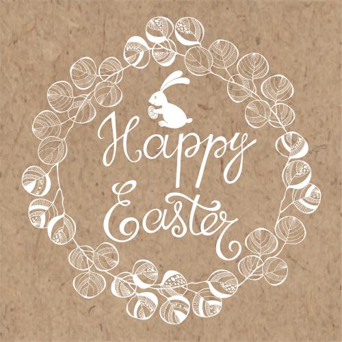 Eukalyptus. Vektor runde Rahmen aus dekorativen Eukalyptuszweigen, Kaninchen mit einem Osterhasenei und die Aufschrift Happy Easter auf Kraft