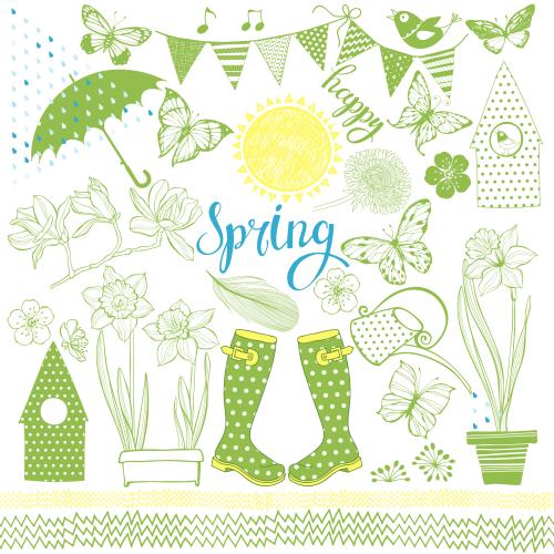 Gras. Vektor Sammlung farbiger Elemente im Frühlingsthema, Schriftzug Happy Spring auf weißem
