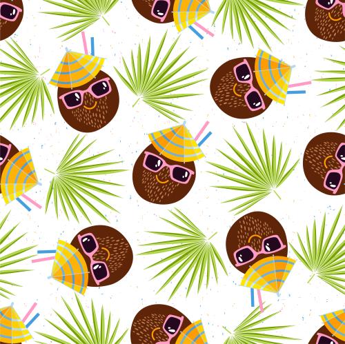 Kokosnuss. Vektor cartoonartige kokoscocktails in sonnenbrillen und palmblättern auf weissen in farbiger kariert