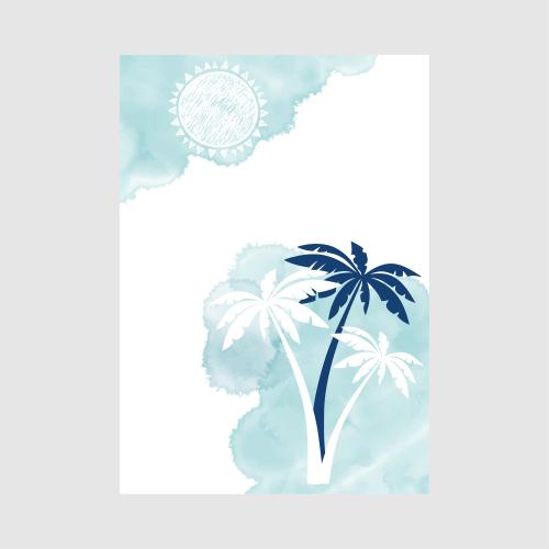 Vektorgrafik urlaub am meer karte, palmen, sonne auf blauen aquarellfragmenten, platz für text auf weißem